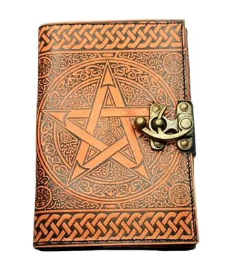 Leather Journal Orange Pentagram With Clasp Lock Handmade Parchment - 120 Pag... • $44