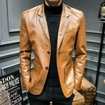 $39.73 • Buy Men's Faux Leather Jacket Blazer Coat Motor Slim Fit Lapel Casual Korean Fashion