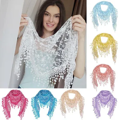 Lace Sheer Floral Print Triangle Veil Church Mantilla Scarf Shawl Wrap Tassel • £3.95