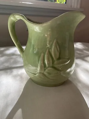 Charming Green Ceramic Pitcher W/ Embossed Leaves Pattern 6 1/4  - McCoy Style • $15