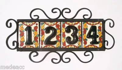 4 Mexican BLACK House Numbers Tiles With HORIZONTAL Iron Frame  • $47