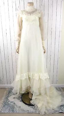 Vintage 70s Lace Ruffle Wedding Dress XS Victorian High Neck Gunne Style Boho • $84.15