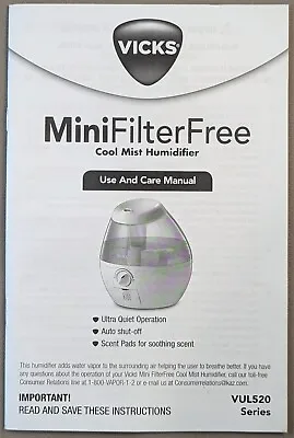 Vicks Mini Filter Free Cool Mist Humidifier USE CARE MANUAL VUL520 Ser VTG HTF • $7.95