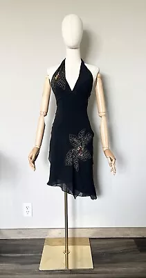 Bcbgmaxazria VTG 90s Y2k Asymmetric Black Embroidered Silk Halter Dress Sz 0 • $29.99