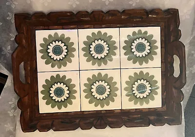 Vintage Boho Serving Tray Hand Carved Wood Daisy Ceramic Tiles  15 X 11 In • $49.99