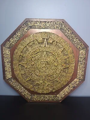 Rare Vintage 16” Green Malachite Stone AZTEC MAYAN CALENDAR Wood Wall Art Mexico • $80.75