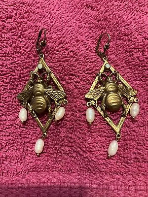 VTG RARE MID CENTURY Large BUMBLE BEE Gold Plated Pierce Earrings Genuine Pearls • $75