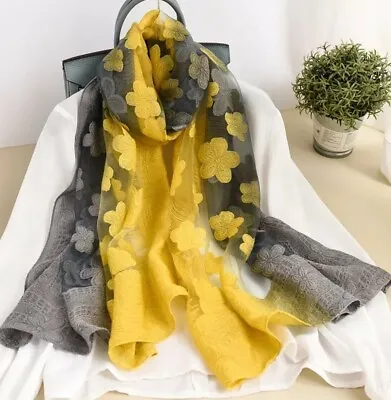 Ladies Grey Yellow Design  Lux Embroidered Womans  Long Sheer Neck Scarf Shawl • £23.99