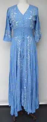 Jaase Blue White Floral Boho Bohemian Summer Button Front Maxi Dress Size L 14 • $71.25