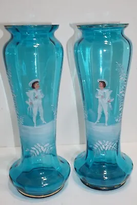 Antique Mary Gregory Hand Painted Boy W/Sailboat Matching Blue Glass Vase Pair • $249.99