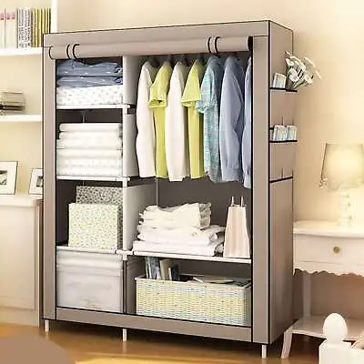 Practical Fabric Canvas Wardrobe Hanging Rail Shelving Clothes Storage Cupboard • £18.35
