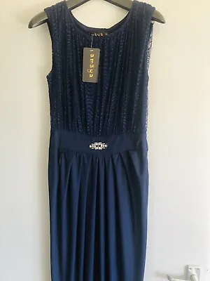 Amaya Sleeveless Lace Long Navy Party Dress Fits Size UK10 Stretchy Fabric Zip • £6.90