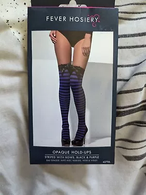 Purple And Black Striped Hold-ups Stockings Halloween Witch Fancy Dress Adults • £5.87