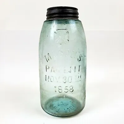 Vintage MASON'S PATENT NOV 1858 Glass Jar Blue Tint Iron Cross Zinc BALL Lid • $75