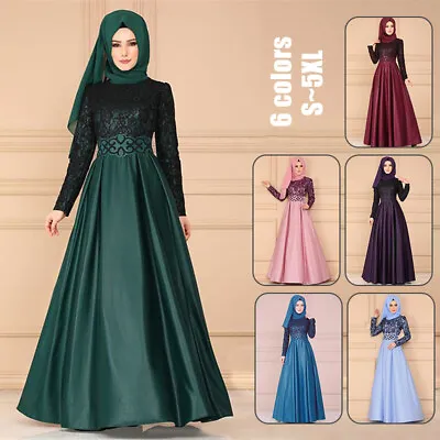 Womens Muslim Farasha Abaya Long Sleeve Prom Round Collar Satin+lace Maxi Dress • £26.45