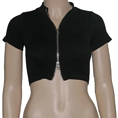 Ladies Short Sleeve Two-way Zip Front Crop Top Black NWT • £10.59