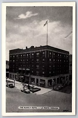 La Porte Indiana~Rumely Hotel Birdseye View & Main Street~1950s B&W Postcard • $13