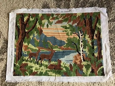 Vintage Margot De Paris Finished Tapestry Needlepoint Mountain Lake Forest Deer • $64.35