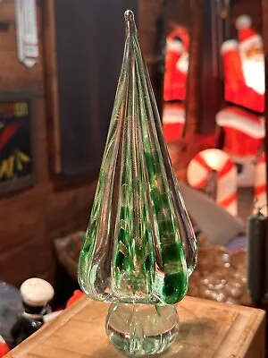 Vintage 9” Murano Art Glass Christmas Tree Swirl Green W/Gold Flakes Italy • $129.99