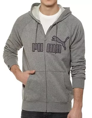 PUMA Mens Zip Up Hoodie Light Grey S Small Big Cat Logo Hooded Top • £20