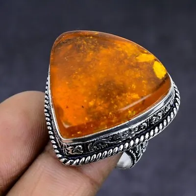 Natural Baltic Amber Gemstone 925 Sterling Silver Jewelry Ring Size 8 Gift A893 • $9.99