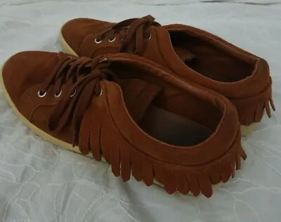 $30 • Buy Zara Basic Collection Brown Leather Fringe Shoes EU37 US 6 Strings Moccasin Look