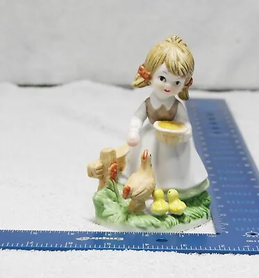 Little Girl Feeding Chickens Momma And Chicklets Figurine 5  Vintage • $14.06