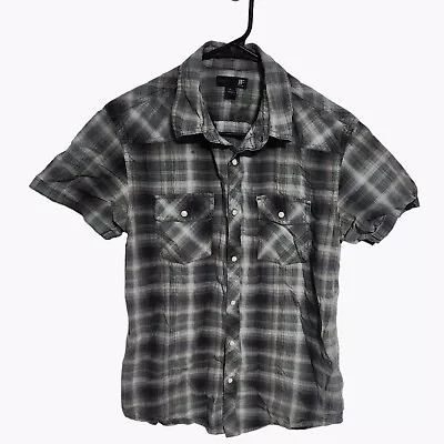 J Ferrar Pearl Snap Western Shirt Mens Medium Gray Plaid Slim Fit Short Sleeve • $7.87