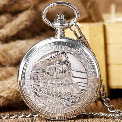 Silver Locomotive Roman Number Double Hunter Mechanical Pocket Watches For Men • $20.51