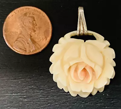 Vtg Angel Skin Coral? Floral Flower Rose Charm Pendant 1” Carved Flower Sterling • $44.44