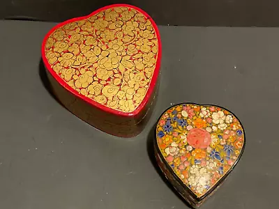 2 Vintage Paper Mache Lidded Lacquer Nesting Heart Boxes Flowers Heart India • $15