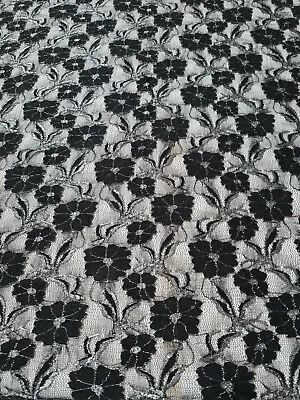 Black Lace Fabric Stretch Floral Silver Shiny - Sold  By The Metre • £4.99