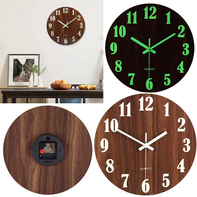 £10.95 • Buy 12  Round Luminous Wall Clock Wooden Digital Silent Quartz Clocks Glow In Dark