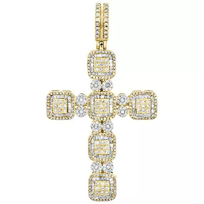 10K Yellow Gold Round & Baguette Diamond Cluster Cross Pendant 2.50  Charm 2 CT. • $1915