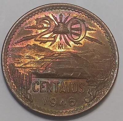 1946 Mexico 20 Centavos ~ Gem Mint State ~ RB ~ Sunset-Rainbow Toning • $19