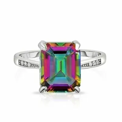 18K White Gold Plated Created Emerald Mystic Topaz CZ Elements Ring • $8.99