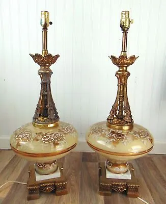 £144.08 • Buy Pair Of Vintage Hand Painted Glass Table Lamps 30  Tall Hollywood Regency 