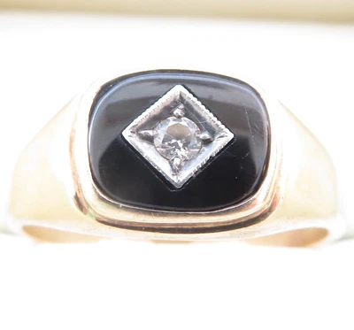 $0.99 • Buy Genuine Diamond & Natural Onyx Men’s Ring In 9K Yellow Gold