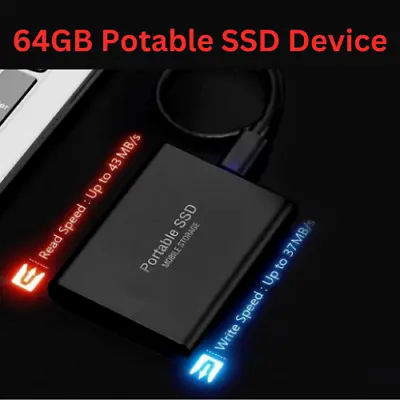 64GB PORTABLE EXTERNAL HARD DRIVE USB3.0 SSD Waterproof And Shockproof • £9.99