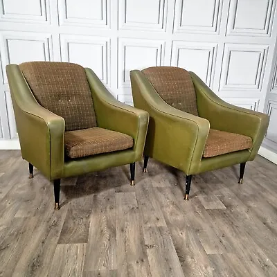 Pair Of 2 Vintage Fabric Vinyl Danish Lounge Club Chairs - Retro Mid Century • £439.99