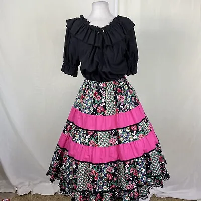 Square Dance 2pc Dress Outfit Black Green Pink Floral Skirt Black Blouse  • $99