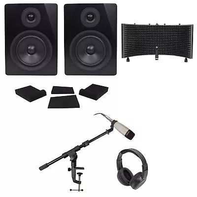 2) Rockville 5.25  250w Powered Studio Monitors+Mic+Headphones+Stand+Shield+Pads • $296.90