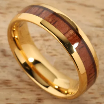 Tungsten Carbide Inlaid Hawaiian Koa Wood Ring ( Comfort Fit) Gold Plated  6mm • $89