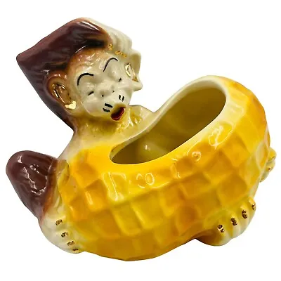 Vintage Monkey Peanut Ceramic Planter Trinket Brown Yellow Gold Kitsch Circus • $24