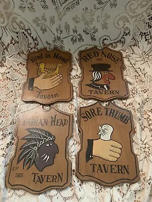 Set Of 4 Vintage 1960's Wooden Wall Tavern Signs Japan Red Nose -Sore Thumb More • $15.95
