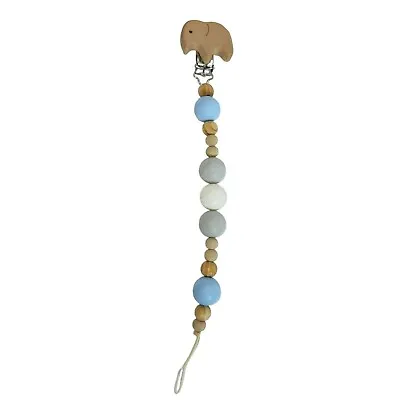 Baby Silicone Teething Wooden Beaded Pacifier Paci Holder Clip Elephant Blue • $9.99