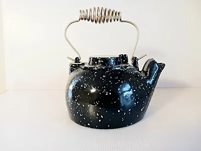 Steel Enamel Wear Tea Pot Black With White Spots Kettle With Swivel Lid & Handle • $29.95