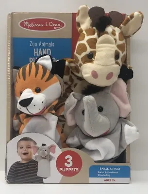 Melissa & Doug Plush Hand Puppet Set Of 3 Zoo Animal Tiger Giraffe Elephant NIB • $10