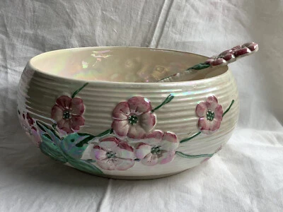 £20 • Buy Vintage Maling Cream Lustre Ware Floral Round Salad Fruit Bowl & Serving Spoon