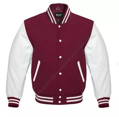 Maroon Wool Varsity Letterman Bomber USA Baseball Jacket White Leather Sleeve • $164.99